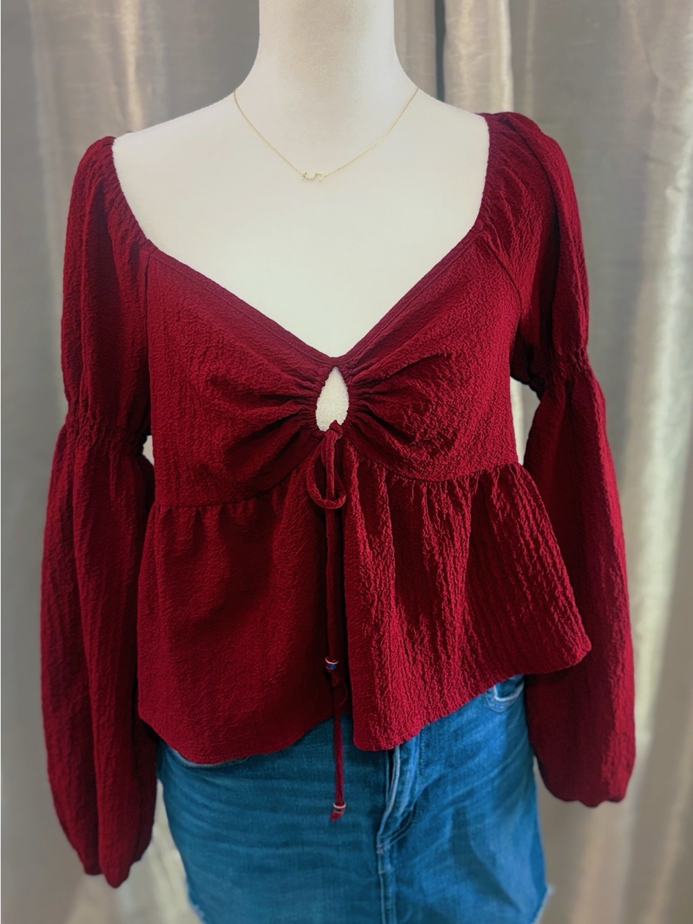 Women's Burgundy Tie-Front Peplum Blouse